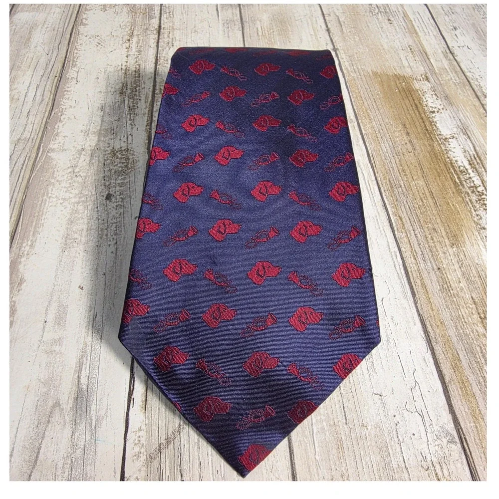 Polo Ralph Lauren Silk Tie Navy Blue Red Dog Hunting Horn Equestrian Woven Mens